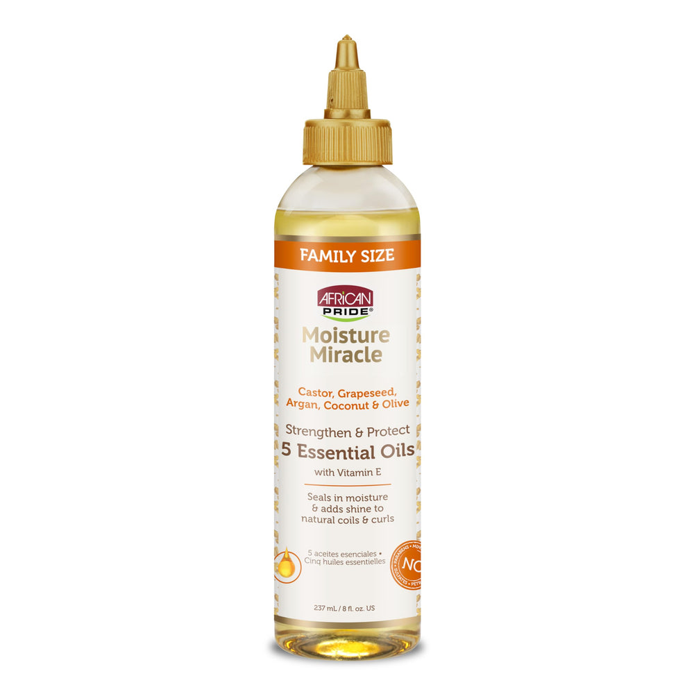Huiles African Pride Miracle, bouteille versant, hydratation légère pour cheveux et cuir chevelu.