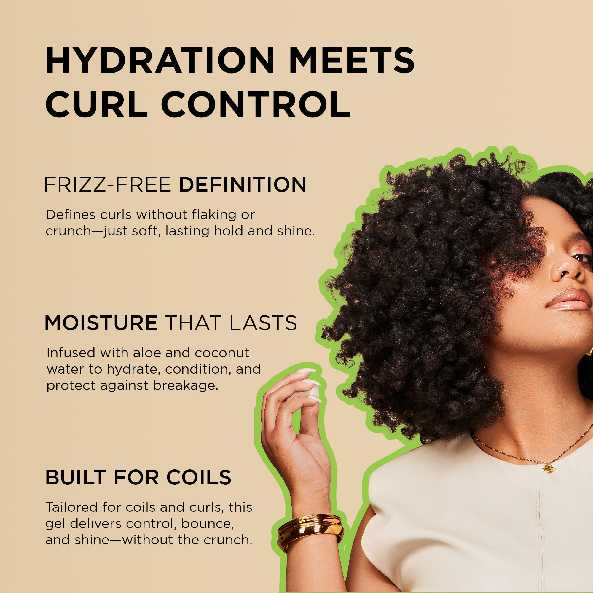Gel hydratant à l’eau de coco et aloe vera pour boucles douces.