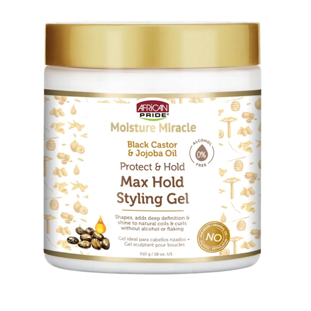 African Pride Moisture Miracle Max Hold, flacon, définition des boucles et hydratation durable.