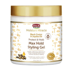 African Pride Moisture Miracle Max Hold, flacon, définition des boucles et hydratation durable.