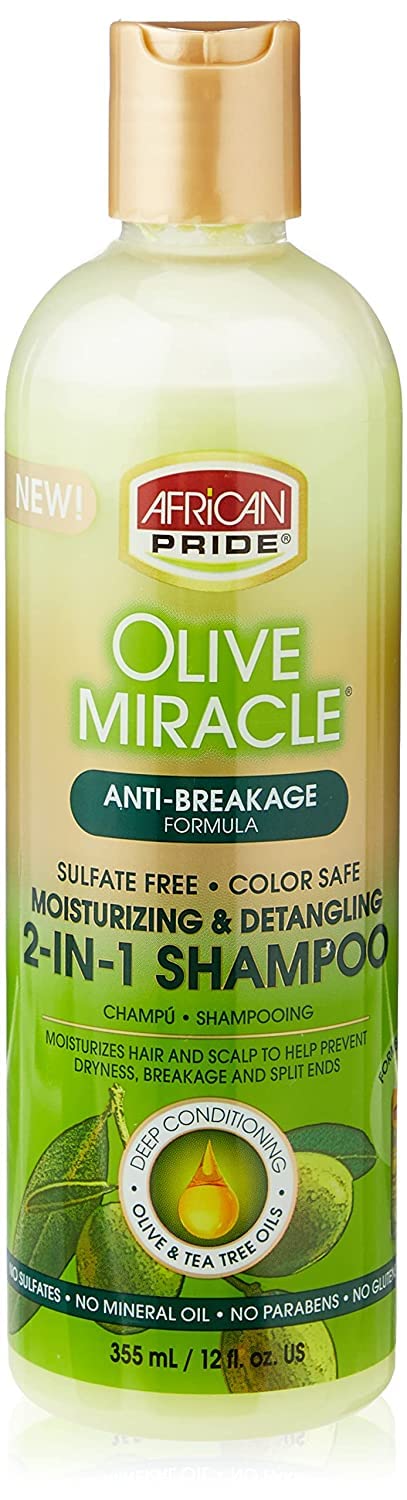 Bouteille d'African Pride Olive Miracle 2-en-1 pour des cheveux propres et brillants.