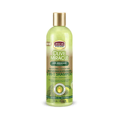 African Pride Olive Miracle Shampoing, bouteille visible, hydratation renforcée pour cheveux secs.