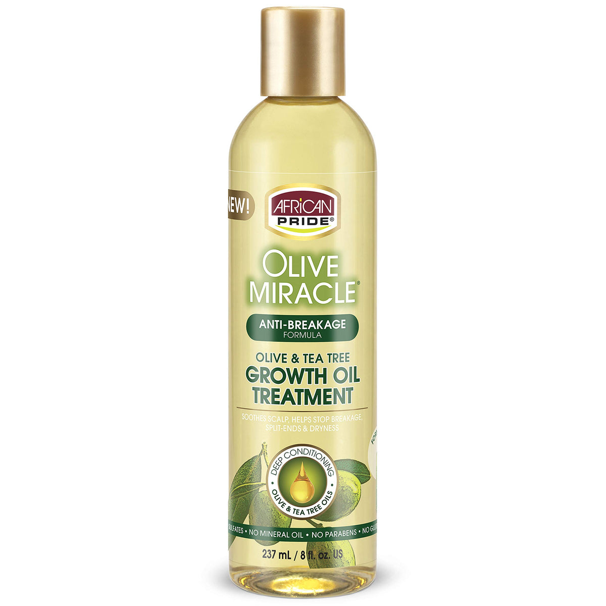 Huile African Pride Olive Miracle dans sa bouteille, soin anti-casse et brillance nourrissante.