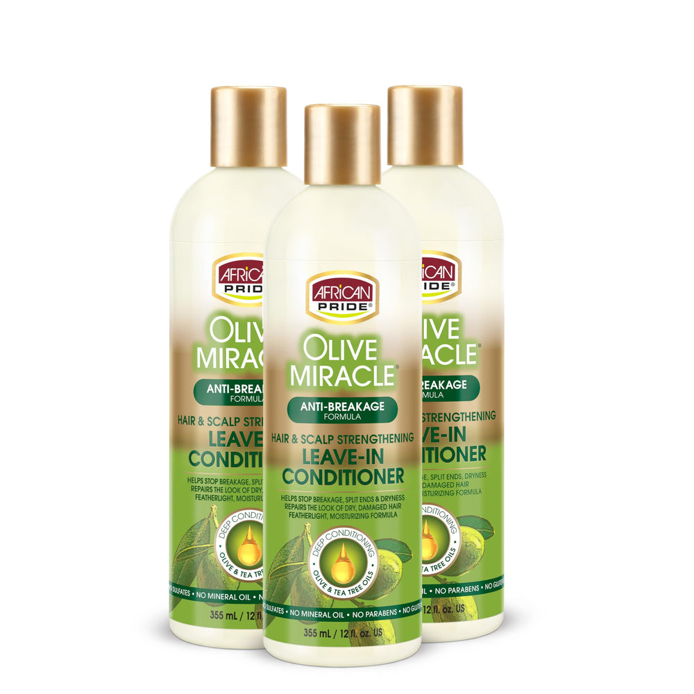 African Pride Olive Miracle Soin sans rinçage, flacon 12 oz, hydratation rapide des cheveux.