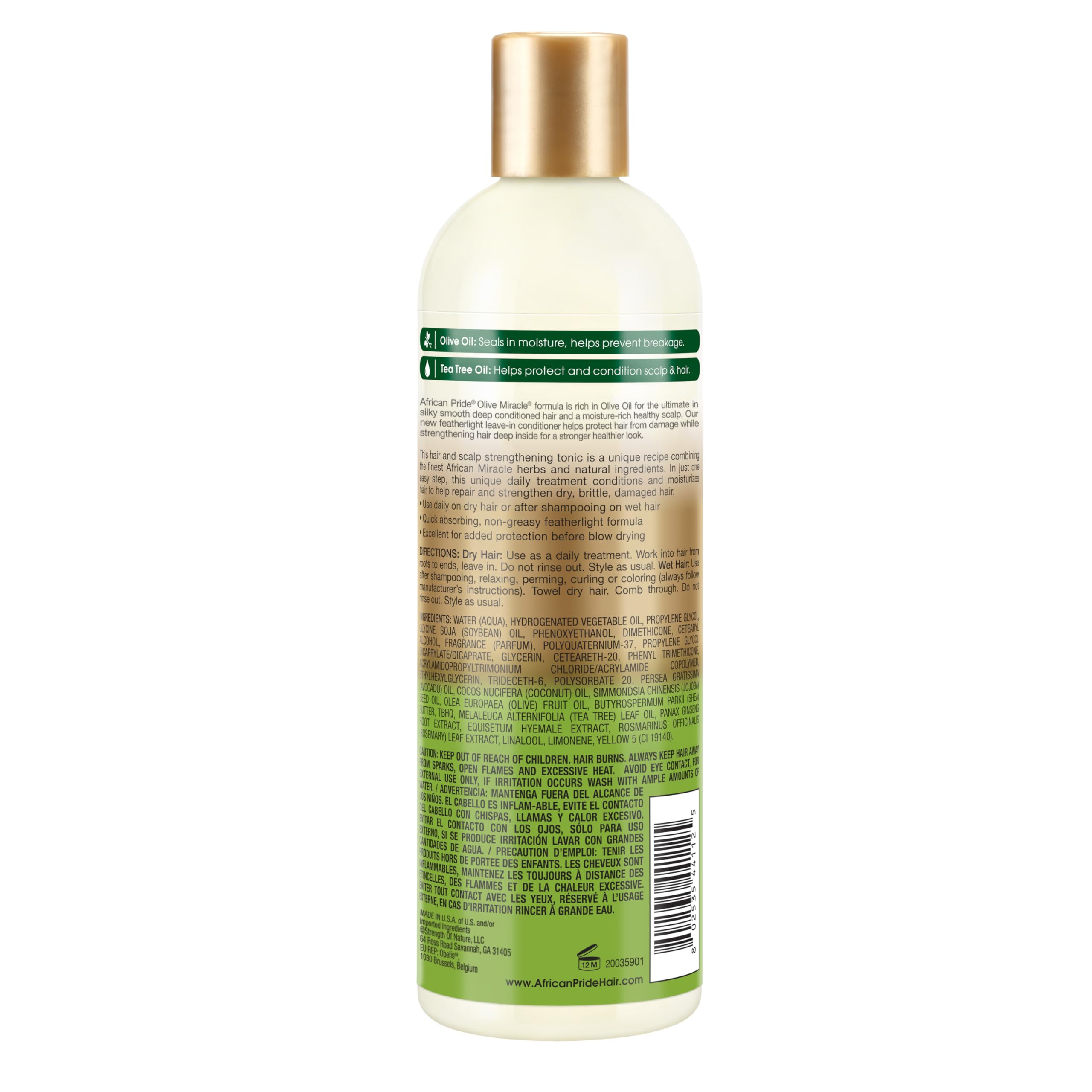 African Pride Olive Miracle Soin sans rinçage, huile d’olive – scelle l’hydratation.