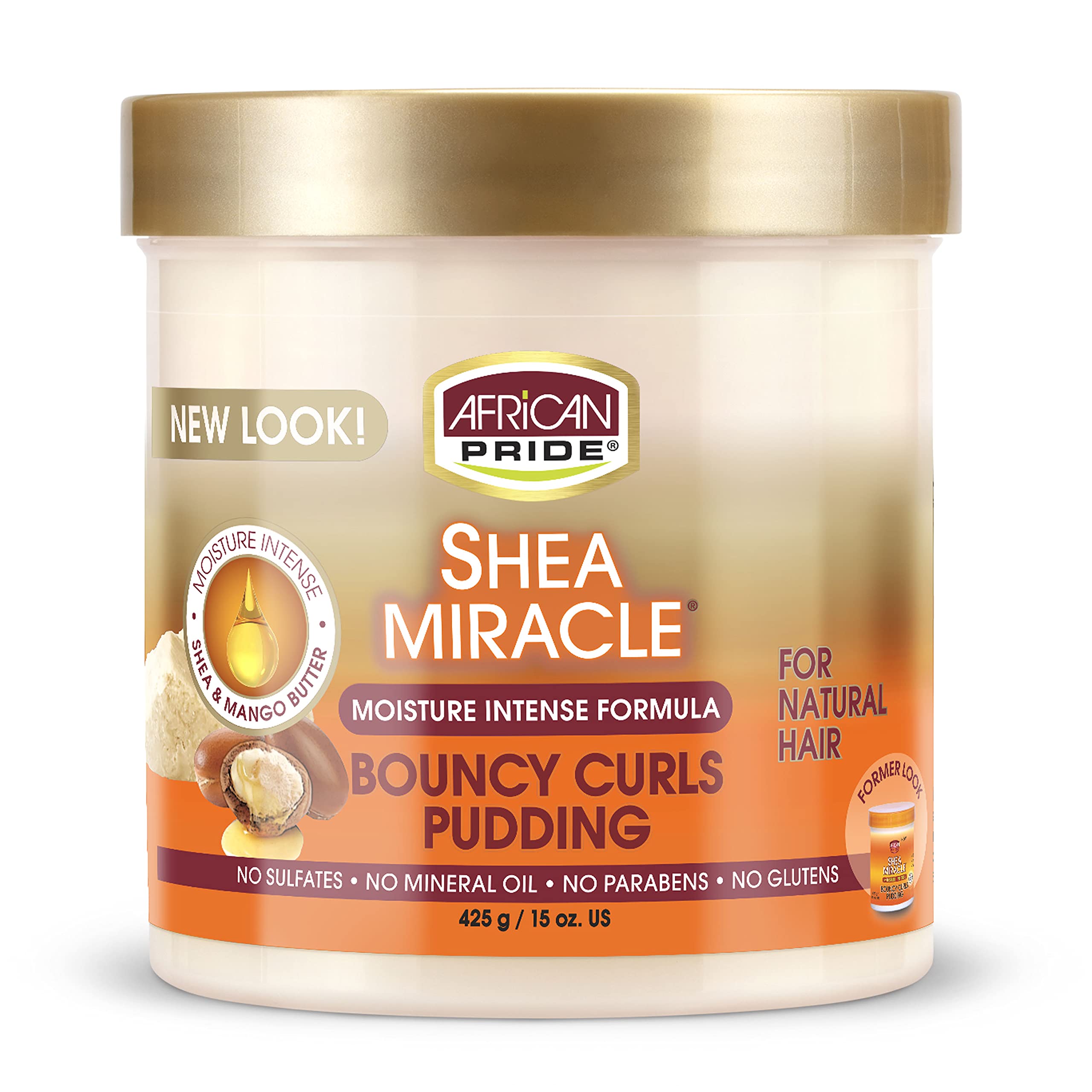 African Pride Shea Miracle Bouncy Curls Pudding, flacon visible, boucles définies et souples.