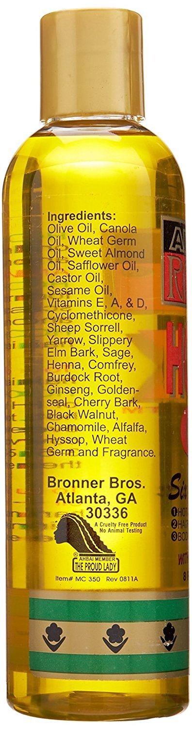Huile chauffante African Royale, massage doux qui nourrit le cuir chevelu et assouplit les cheveux.