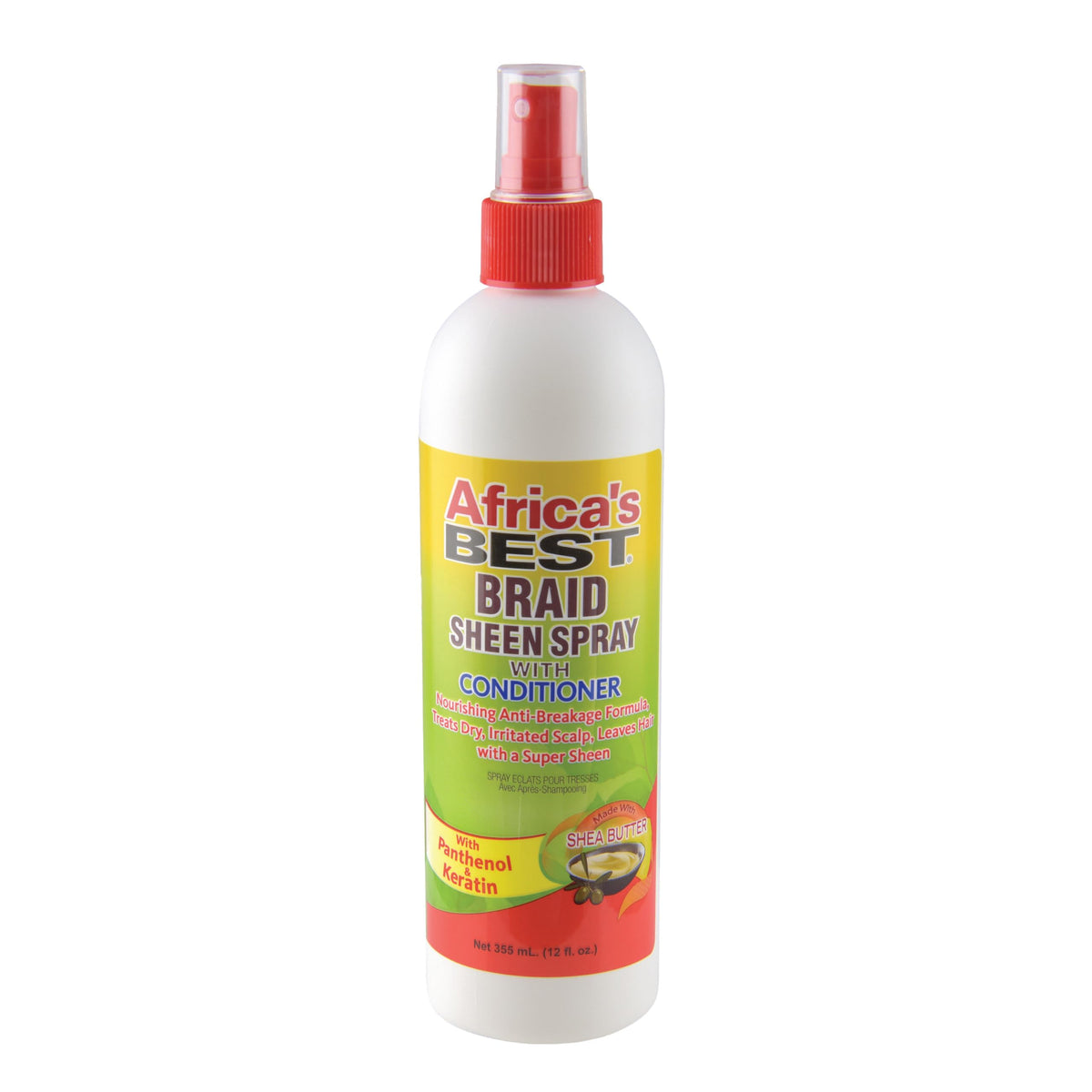 Africa's Best Braid Sheen Spray : bouteille verte prête pour une brillance légère sur les cheveux.