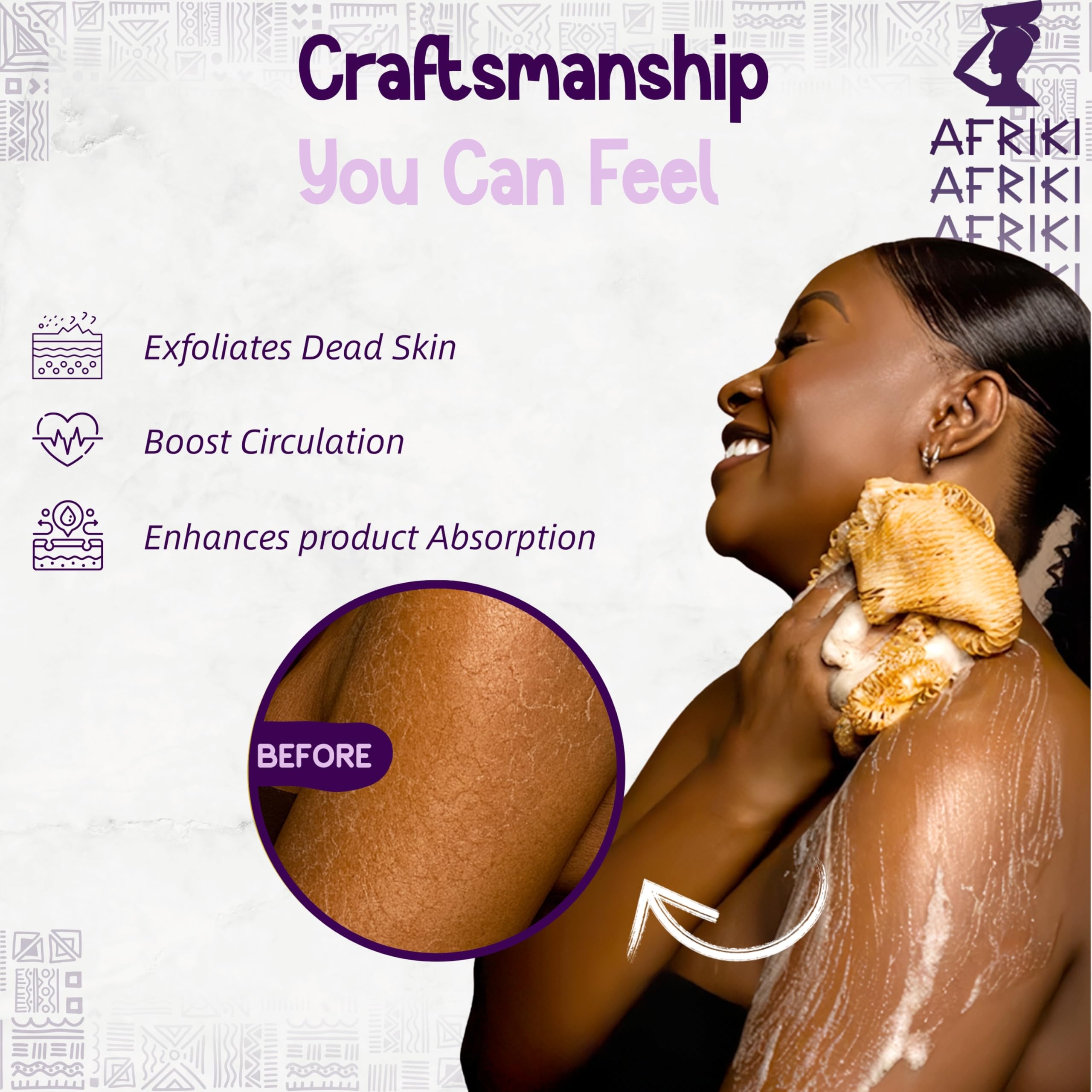 Texture maillage AFRIKI pour exfoliation efficace et agréable.