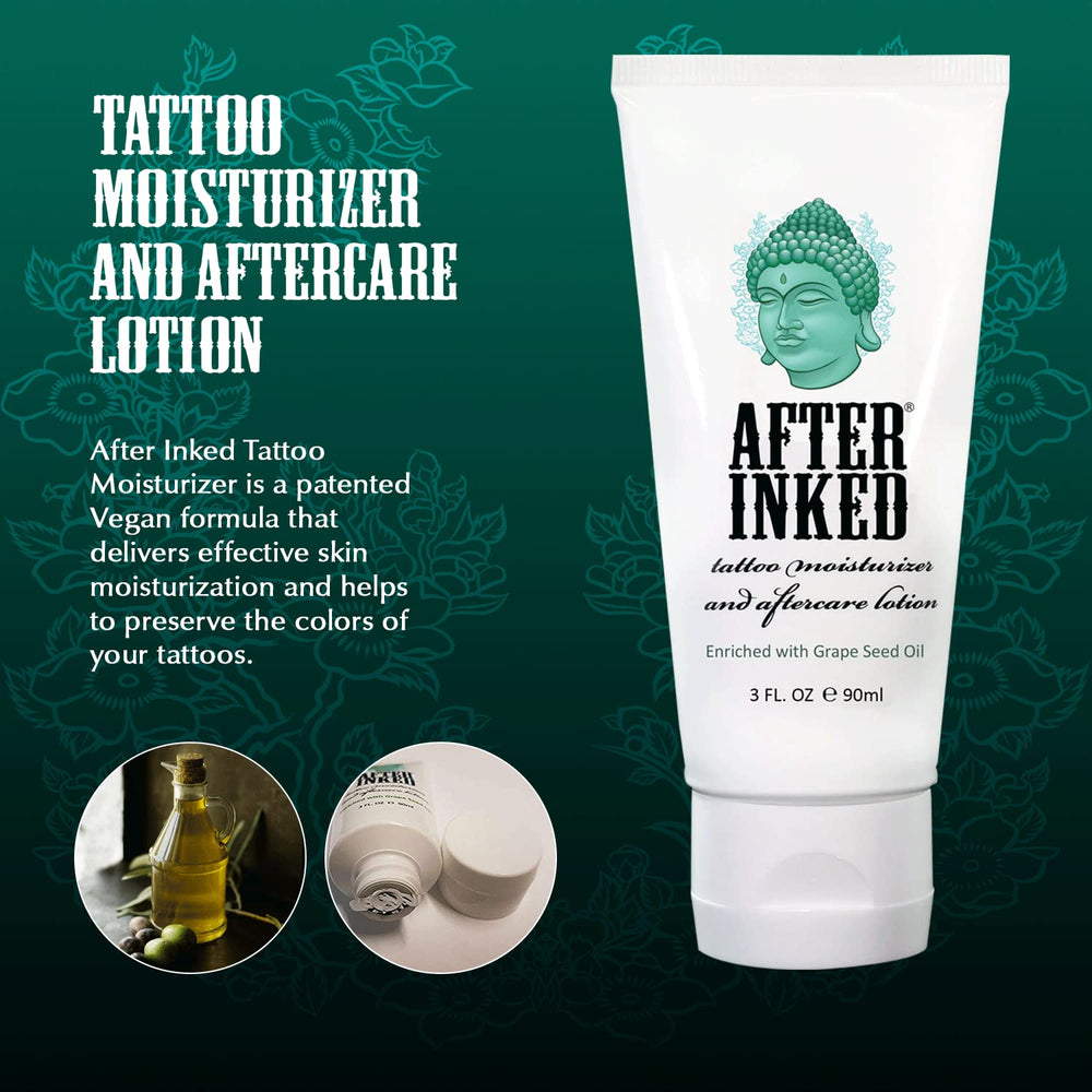 After Inked huile de pépins de raisin, flacon, hydratation nourrissante pour peau tatouée.