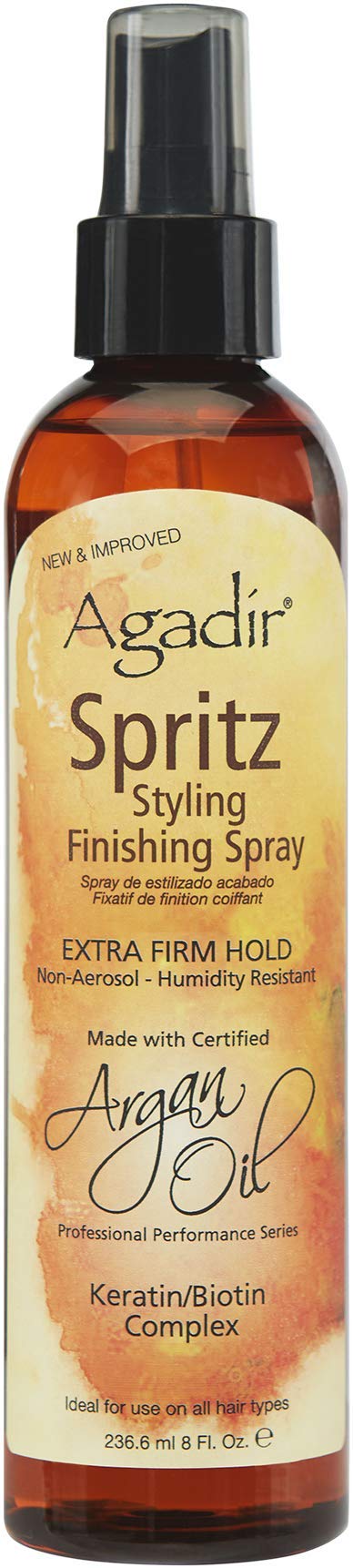 AGADIR Spritz sur la bouteille montre une tenue durable pour les cheveux.