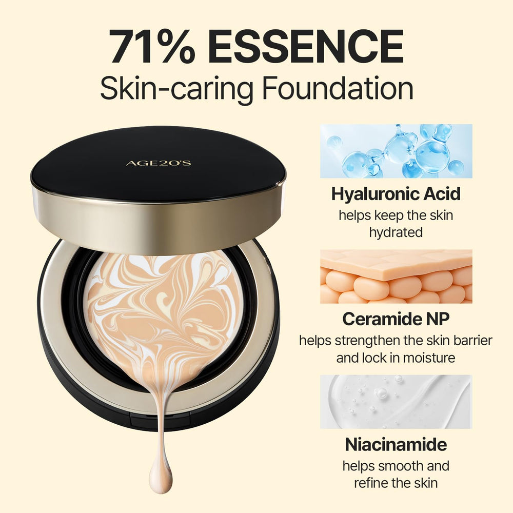 AGE 20's Signature Essence Pact teinte 21N Vanilla, adaptation naturelle et couvrance personnalisable.