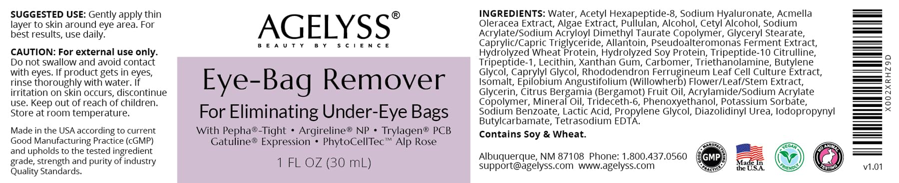 Agelyss Eye-Bag Cream, etiquette vegan sans cruauté, soin éthique des yeux.