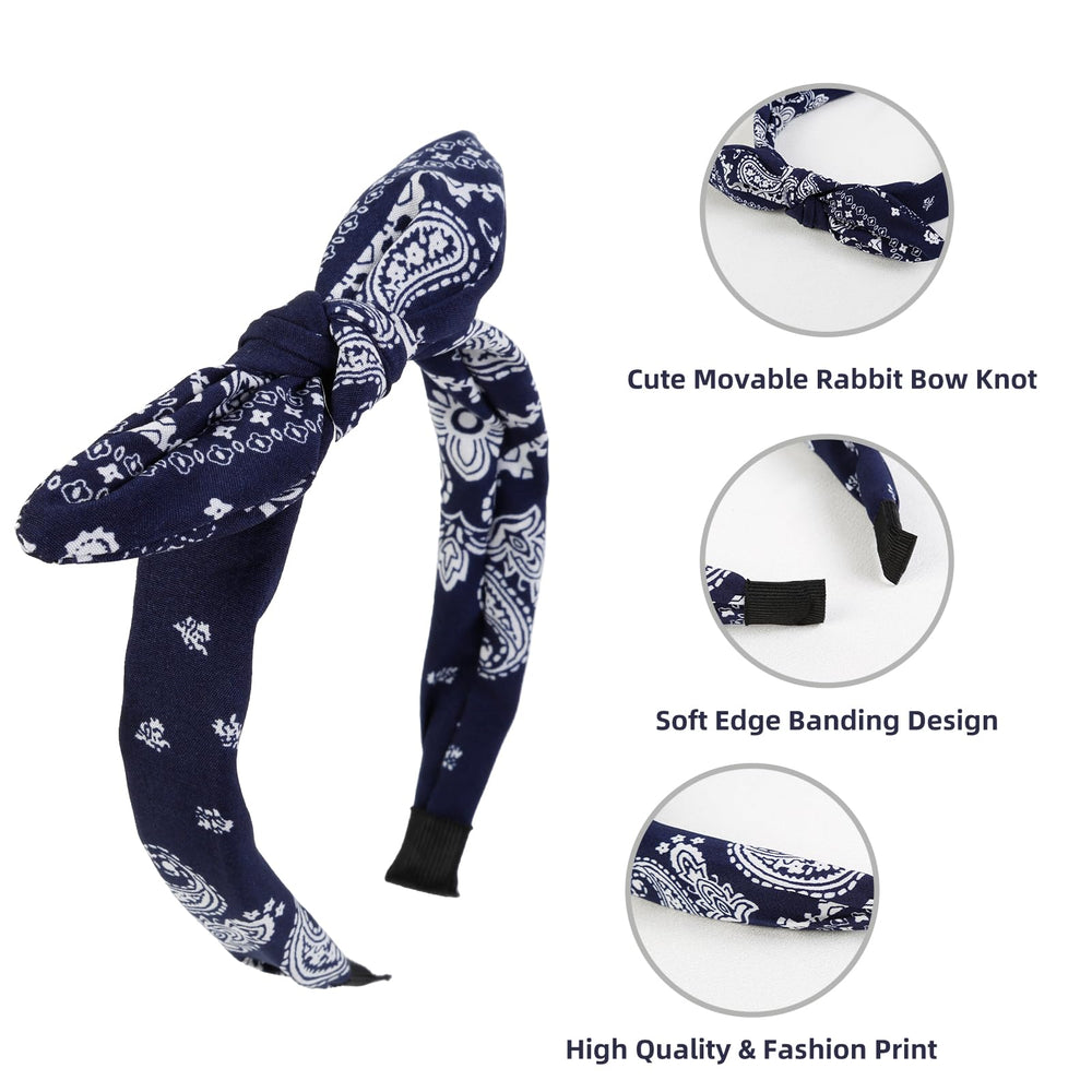Bandeau AIBFRID Bow boho Paisley bleu marine, maintien fiable sur cheveux.