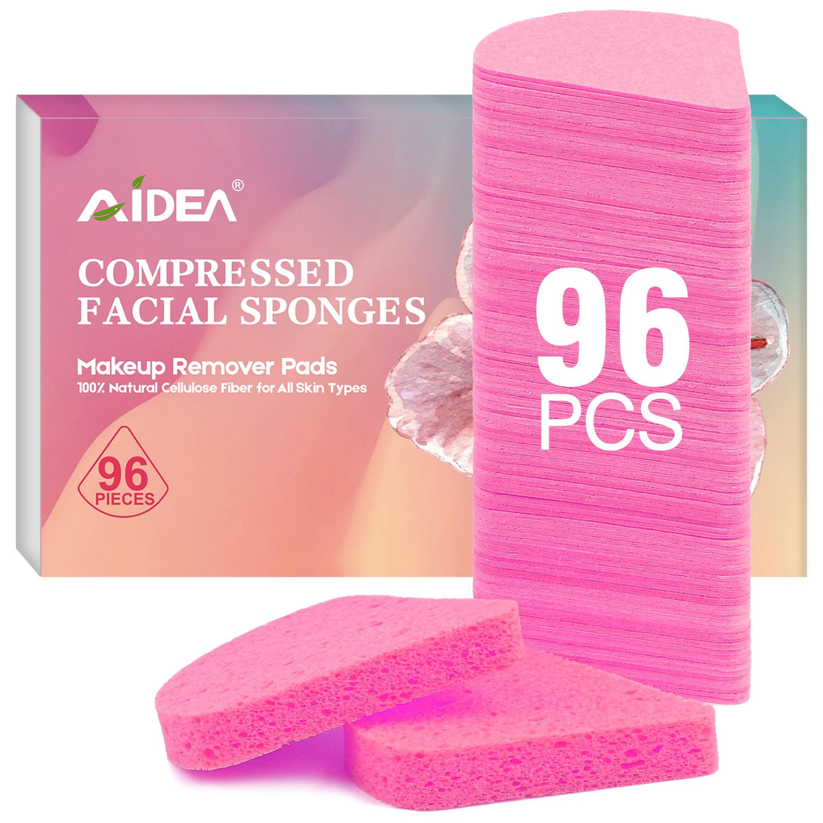 Éponge AIDEA compressée rose, emballage visible, idéale pour les voyages et retouches rapides.