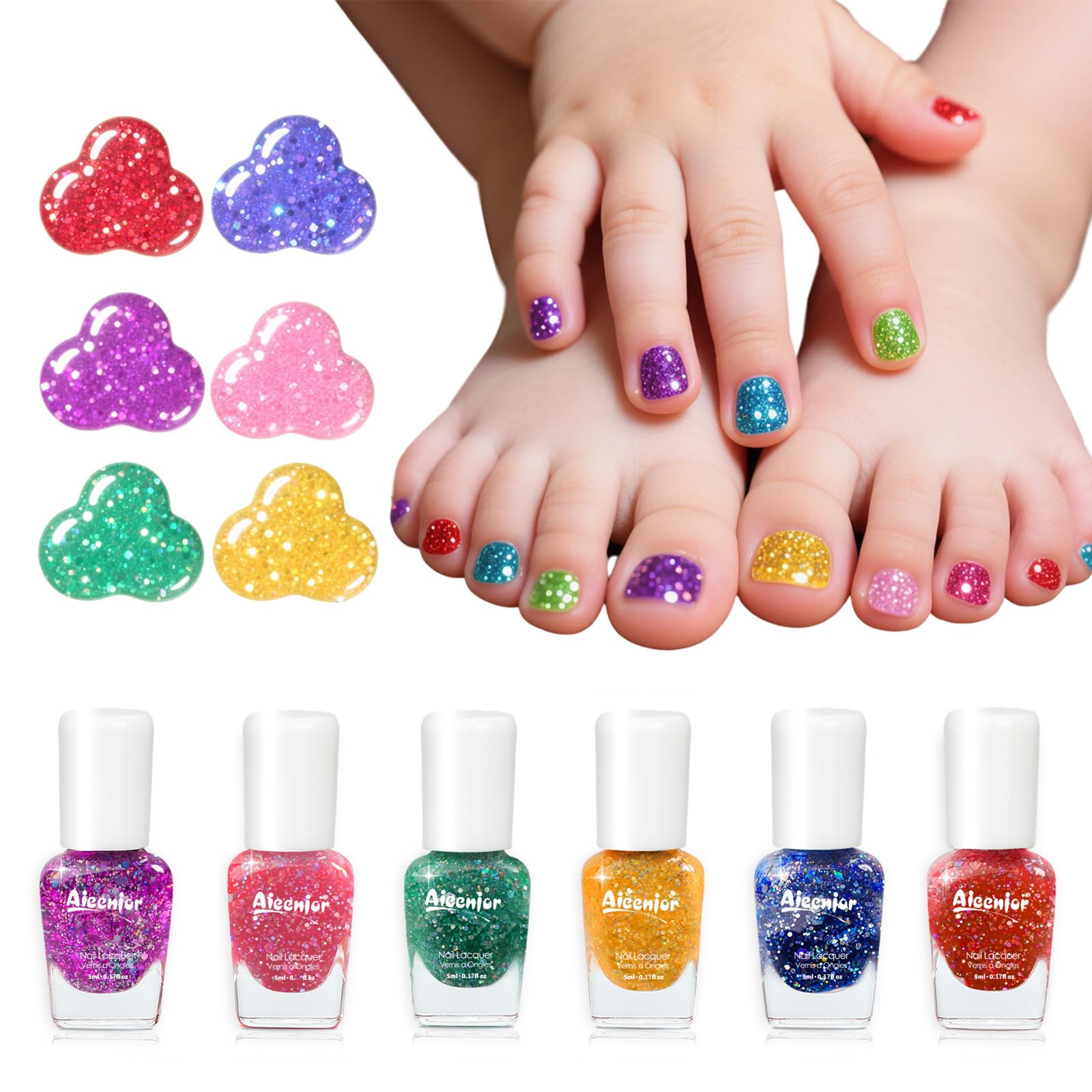 Vernis Aieenjor pour enfants avec paillettes Arc-en-Ciel, sèche rapidement et sans résidu.