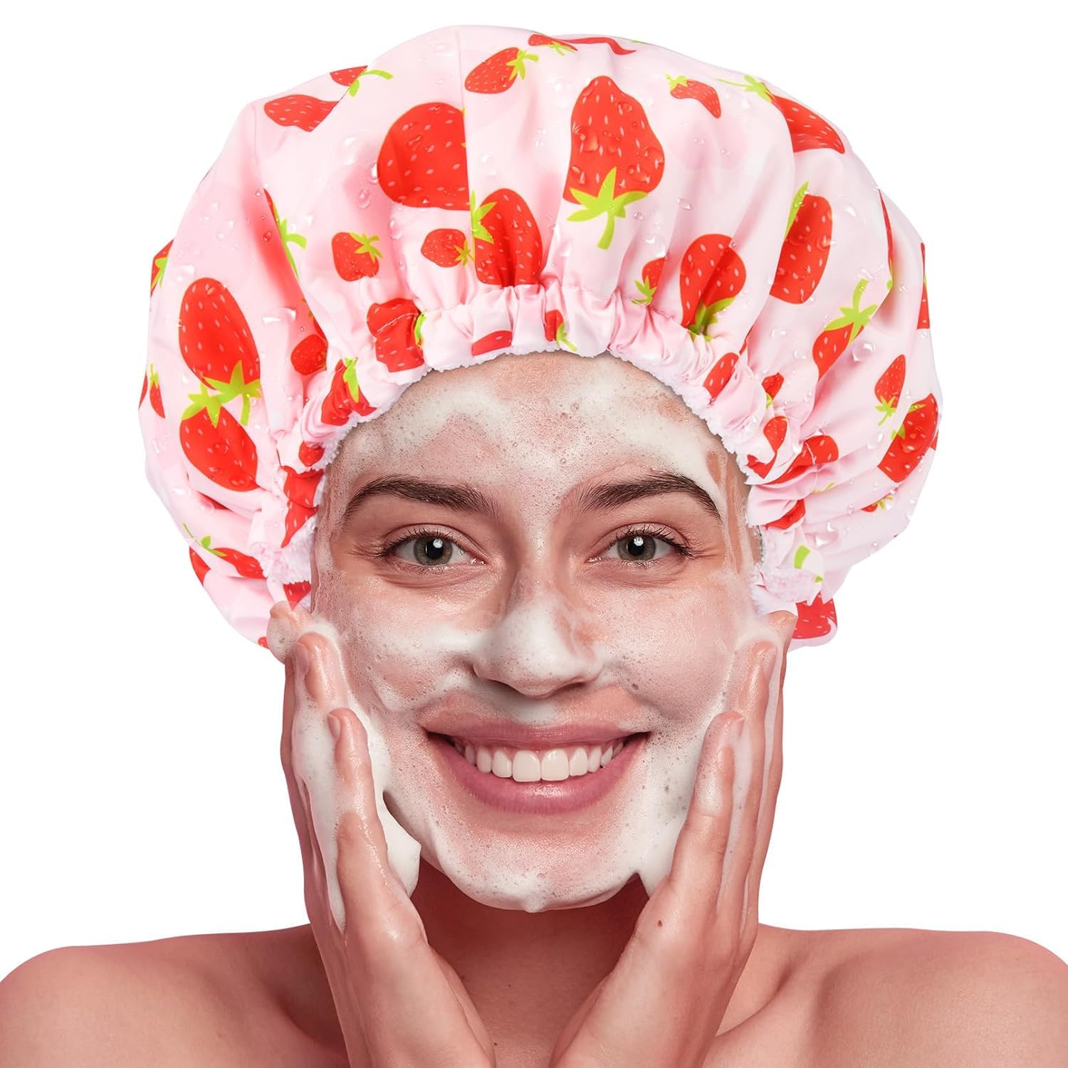 Idée cadeau Aileam, bonnet de douche rose pour cheveux soignés.