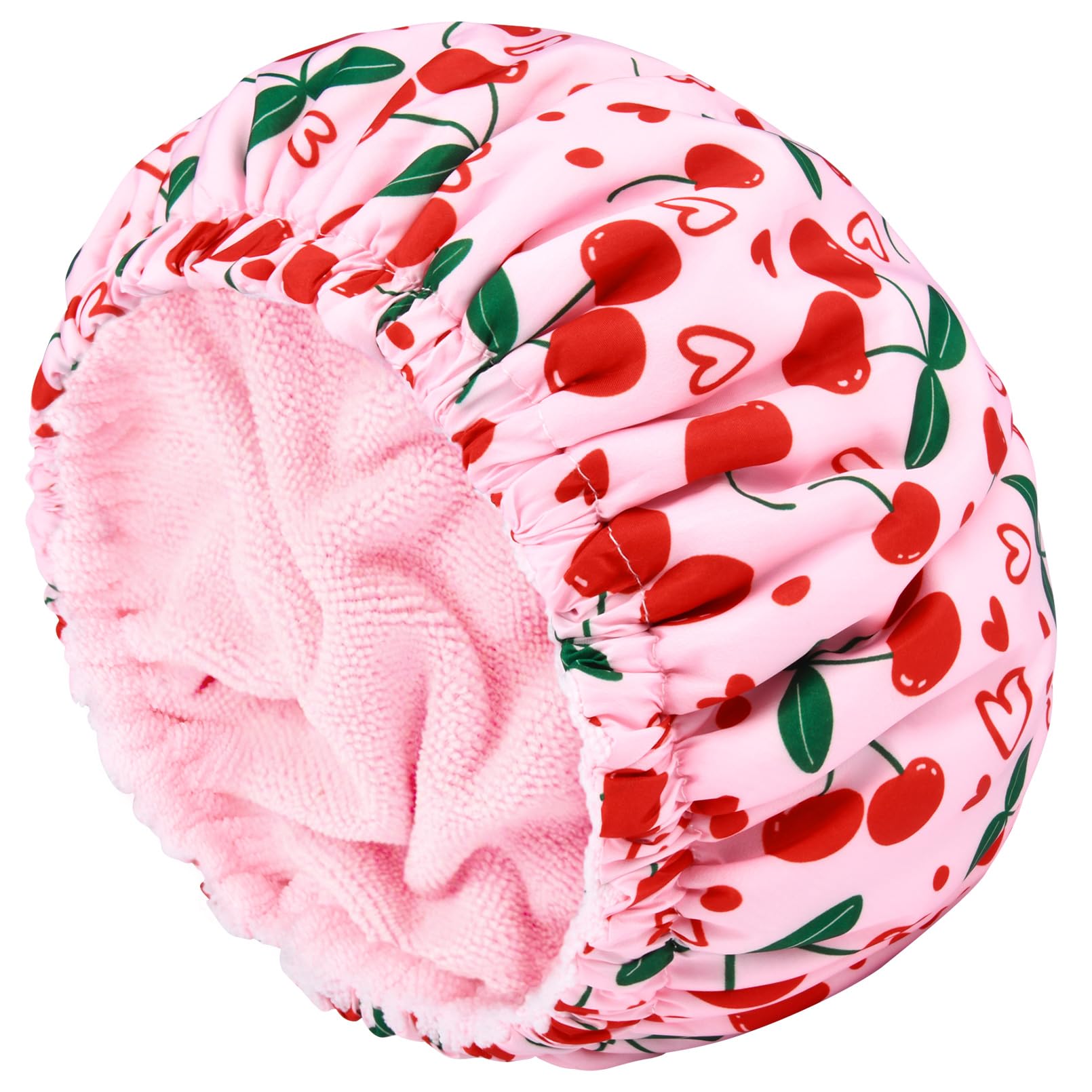 Cap-douche Aileam femme rose motif cerise, protège les cheveux et sèche rapidement après la douche.