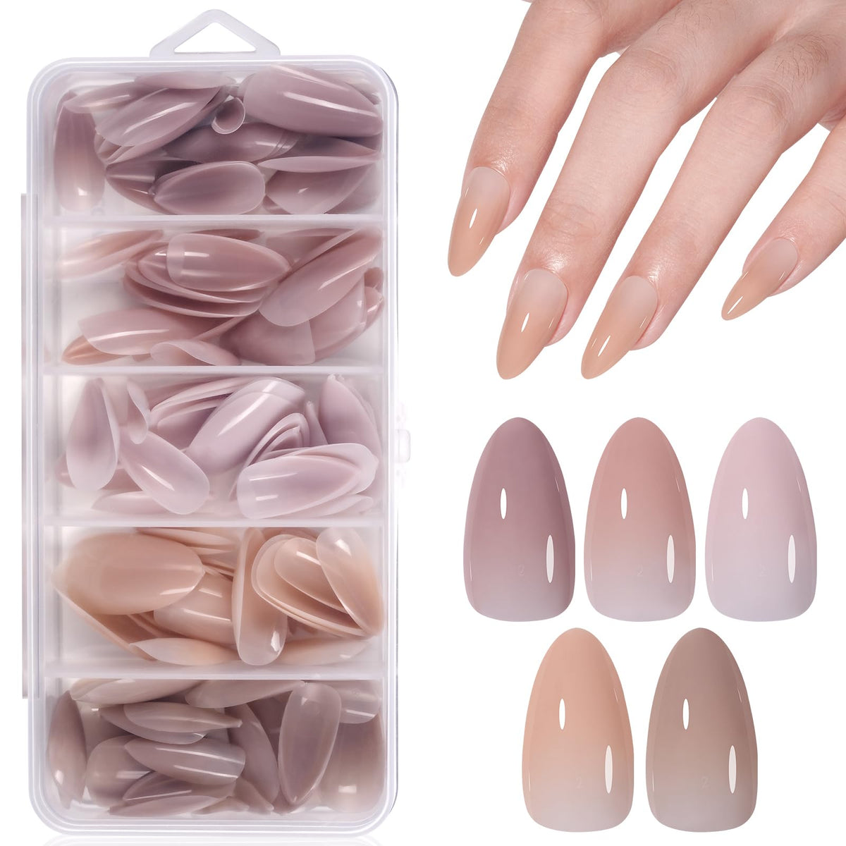 AILLSA Ongles adhésifs amande, ensemble 140 pièces, pour une manucure rapide et naturelle.