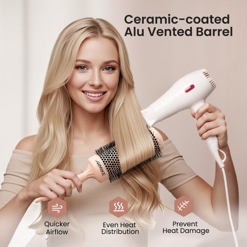 Brosse AIMIKE ronde adaptée aux cheveux longs et épais pour balayage précis.