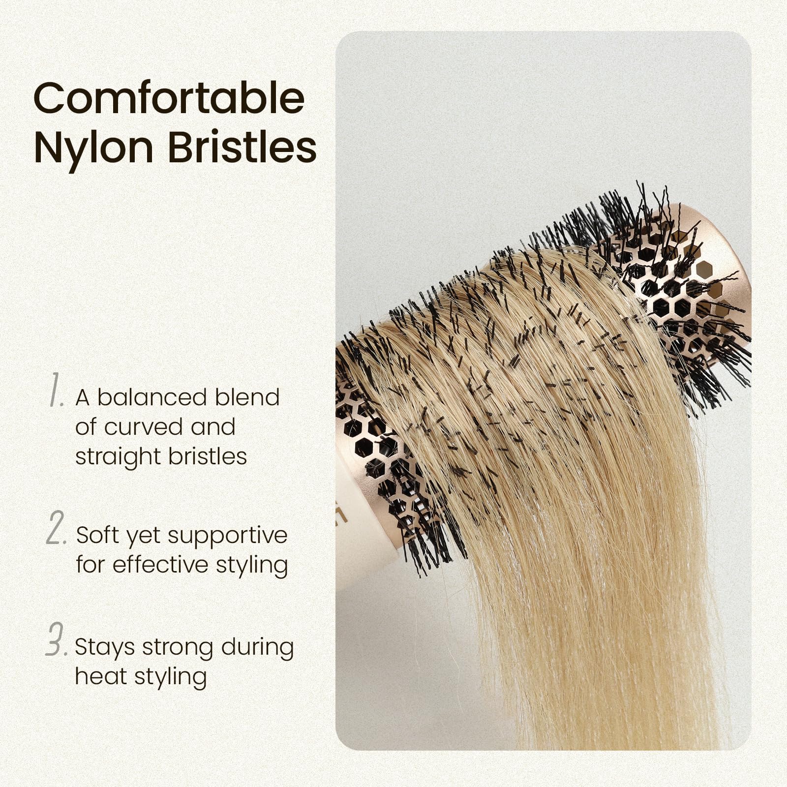 AIMIKE brosse ronde: poils résistants et doux pour un coiffage quotidien.
