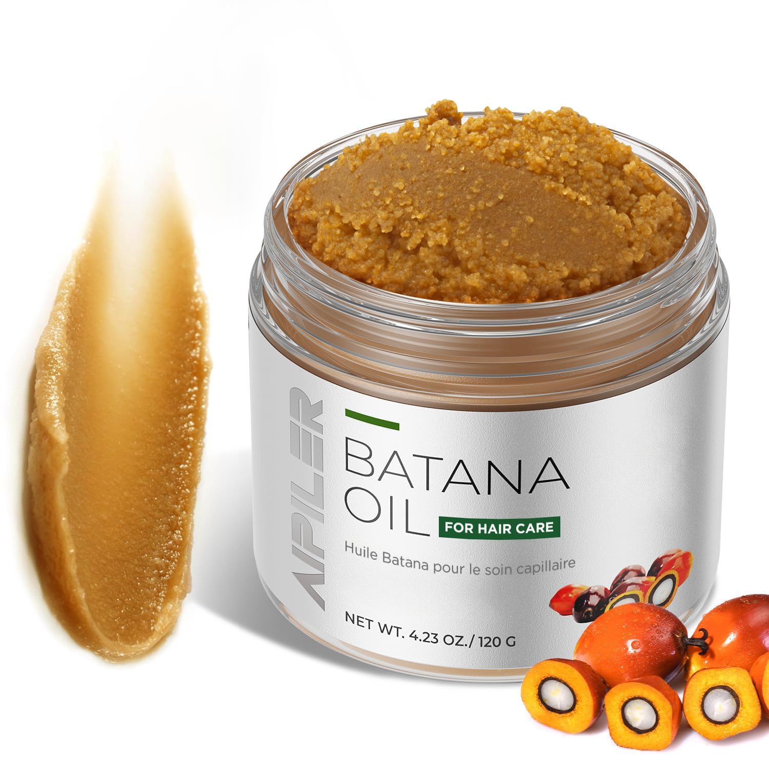 Huile Batana Aipiler dans sa bouteille, pure et prête pour le soin capillaire.