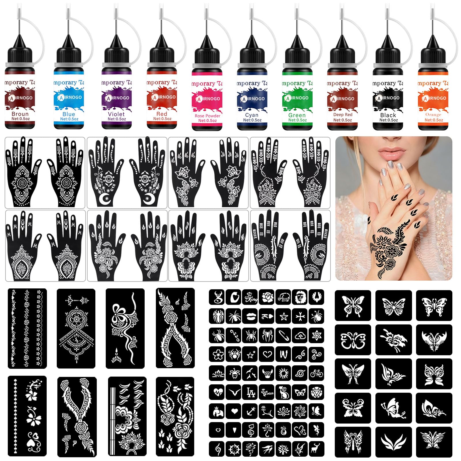 AirNOGO kit tatouage temporaire: bouteilles colorées pour décor corporel temporaire et durable.