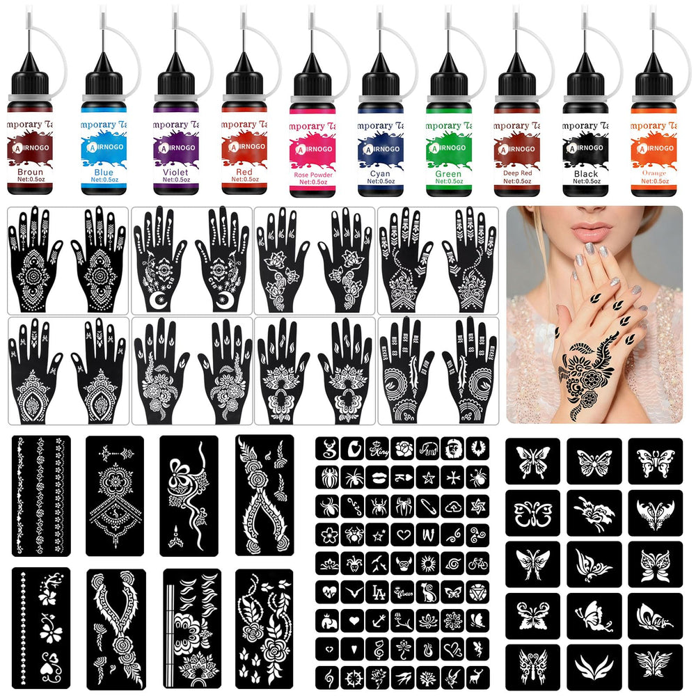 AirNOGO kit tatouage temporaire: bouteilles colorées pour décor corporel temporaire et durable.