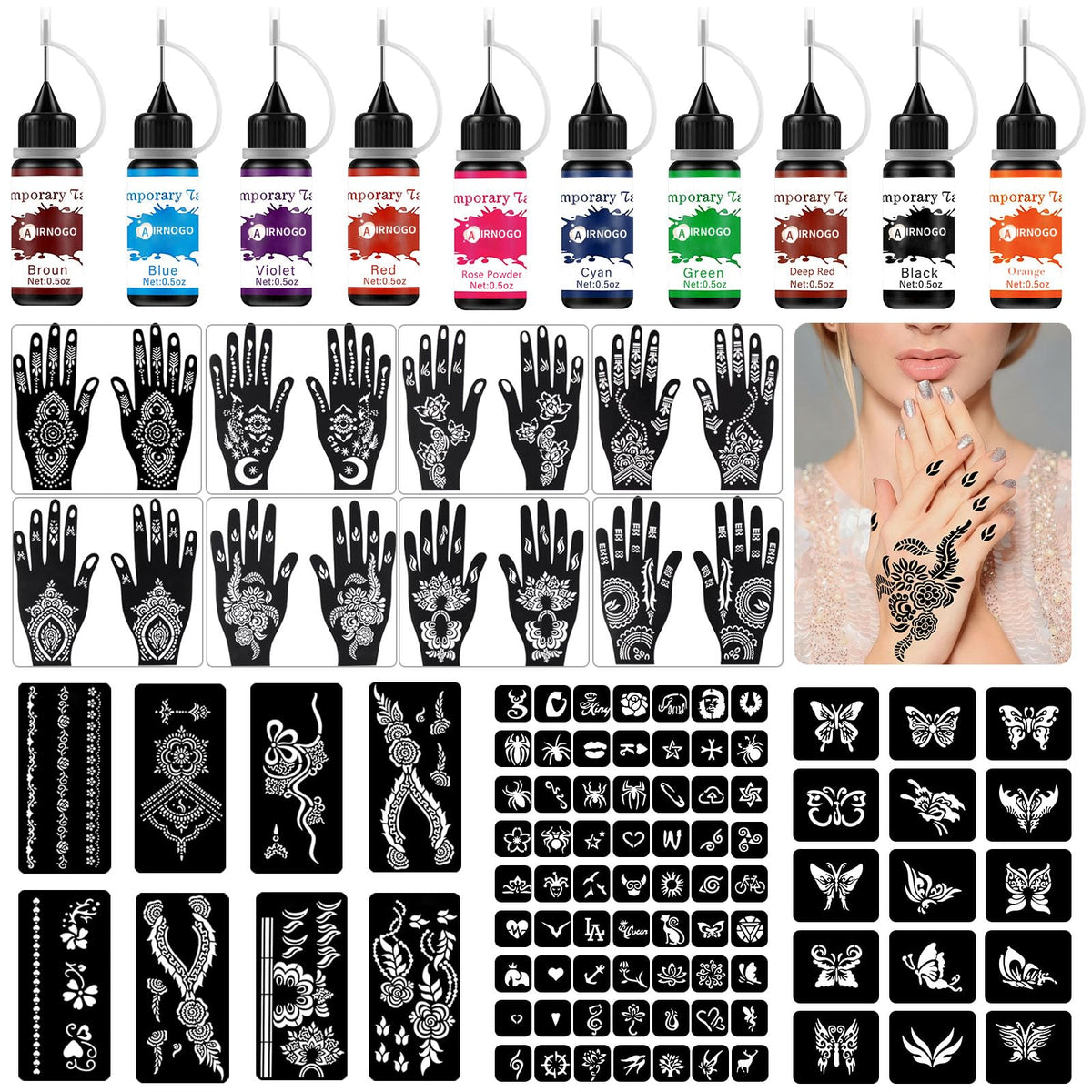 AirNOGO kit tatouage temporaire: bouteilles colorées pour décor corporel temporaire et durable.