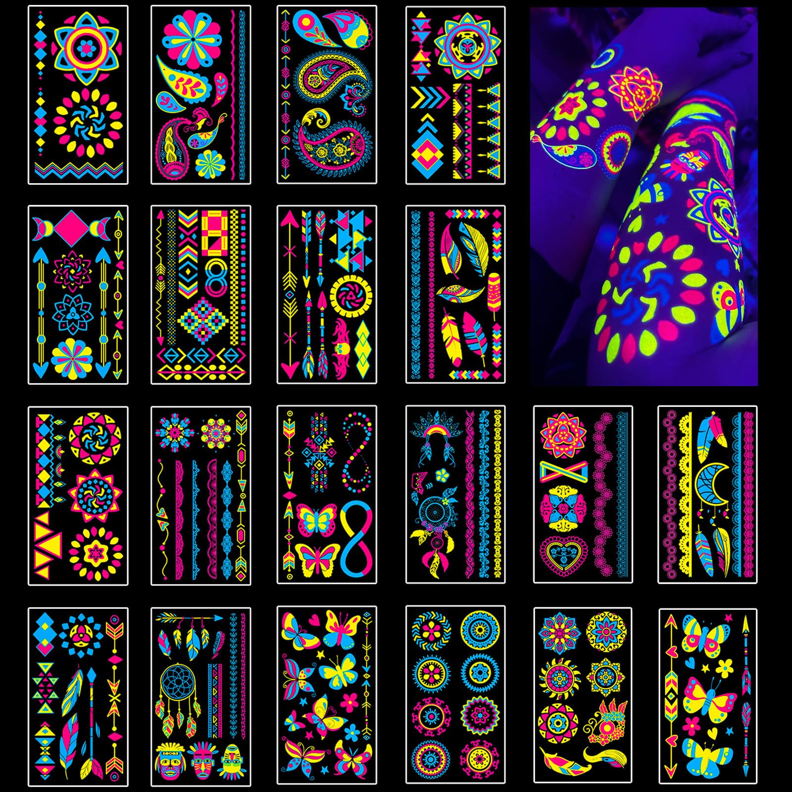 Tatouages AIRNOGO néon lumineux sous UV, parfaits pour soirées nocturnes.