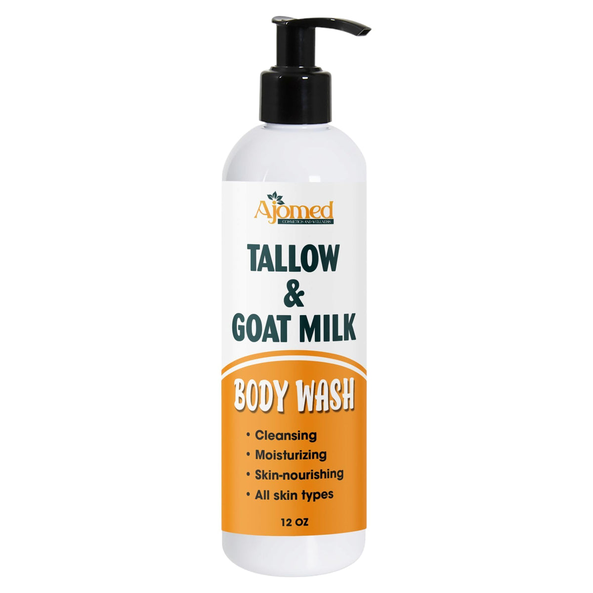 Gel douche AJOMED COSMETICS au suif et lait de chèvre, bouteille pompe pratique.