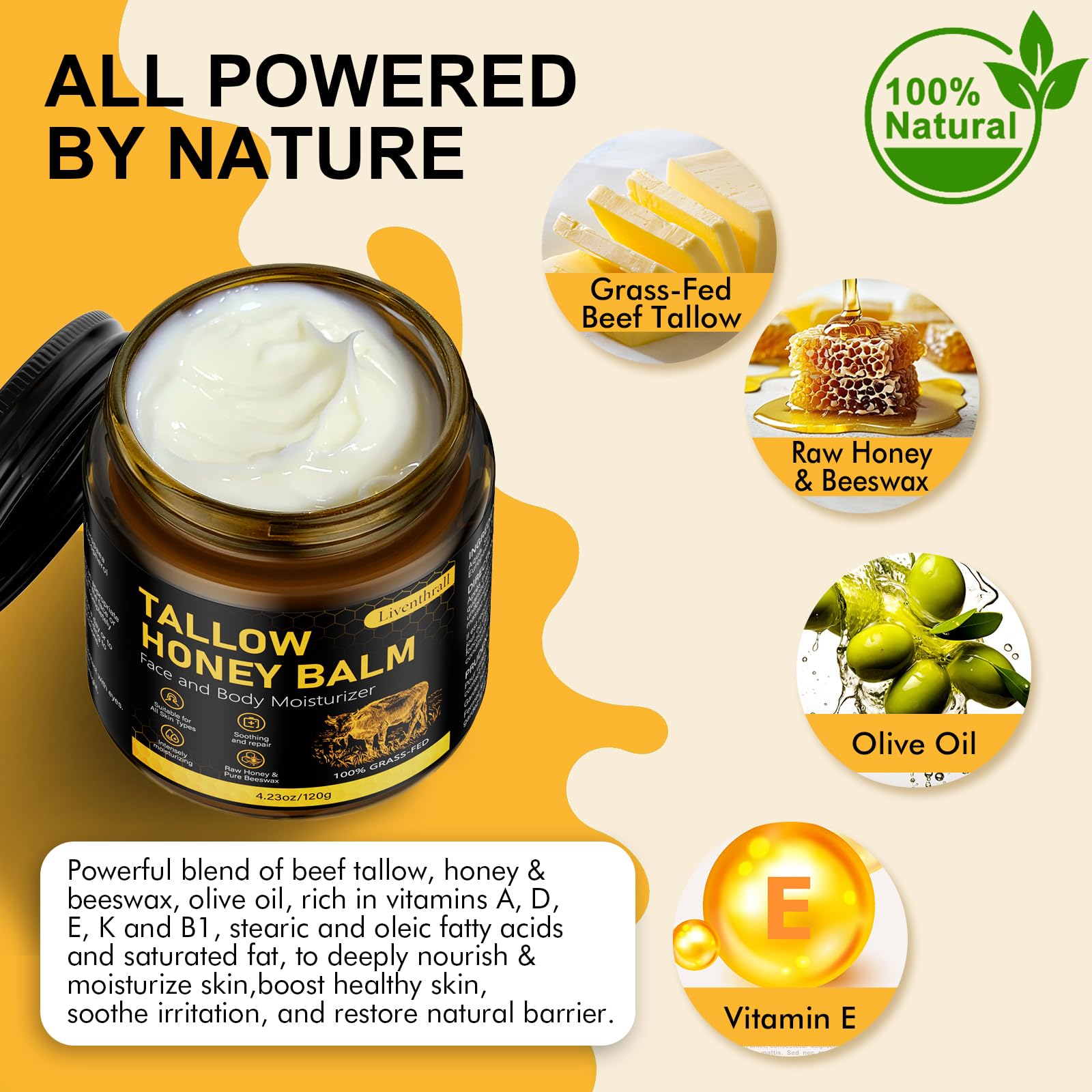 Huile d'olive et cire d'abeille nourrissent la peau.