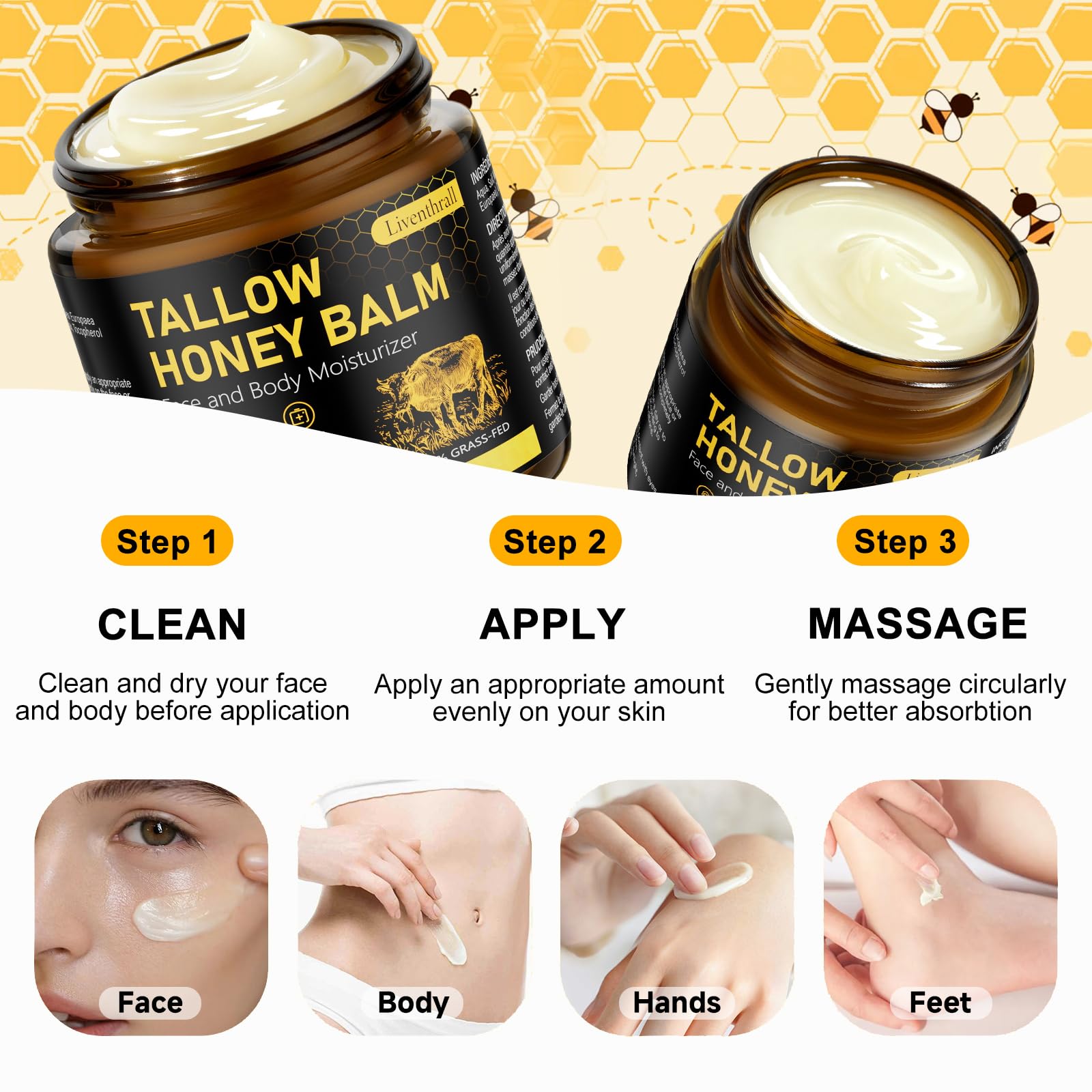 Utilisation polyvalente sur le visage, les mains et le corps.