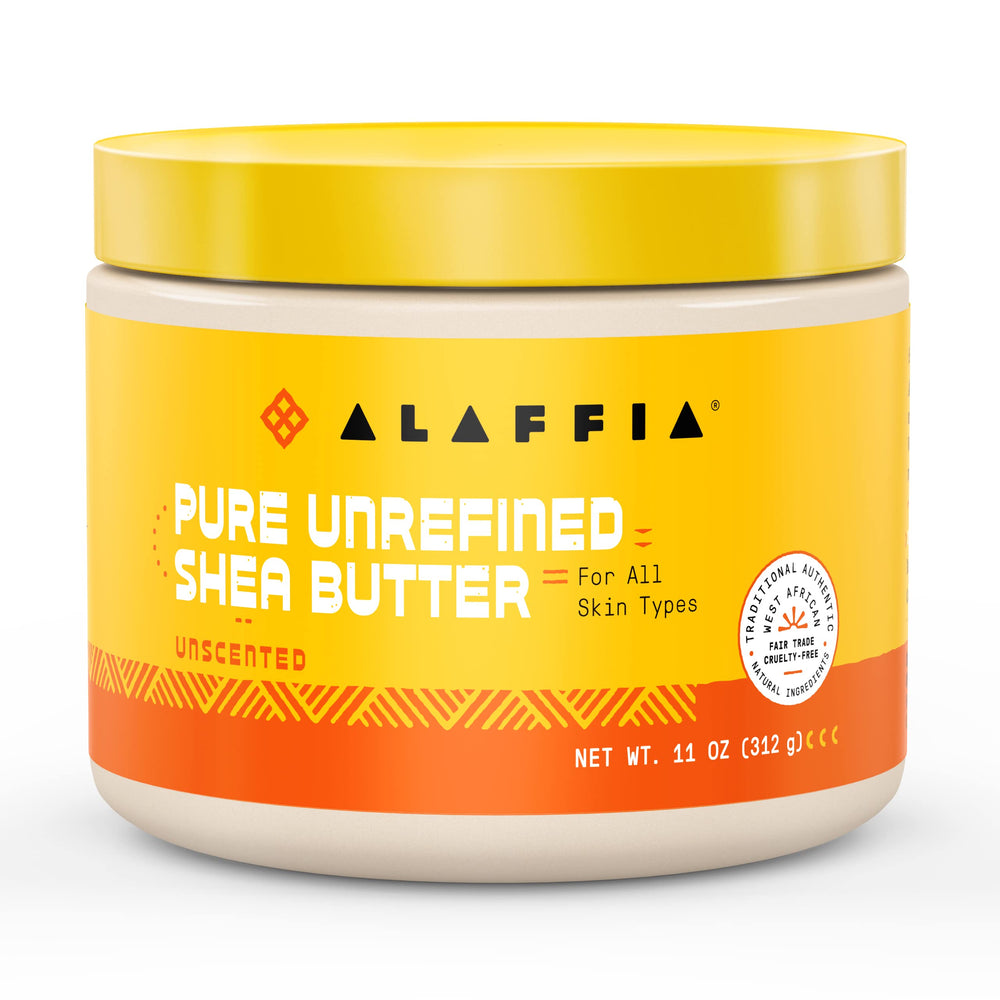 Alaffia Beurre Karité Pur Non Raffiné Sans Parfum, pot prêt à hydrater la peau.