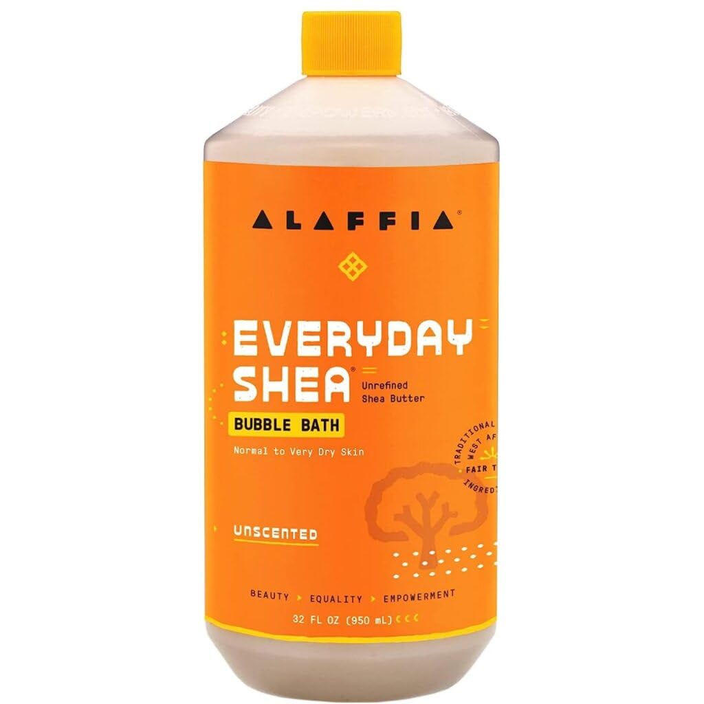 Alaffia Bubble Bath Unscented bottle with rich lather for hydrated, silky skin.