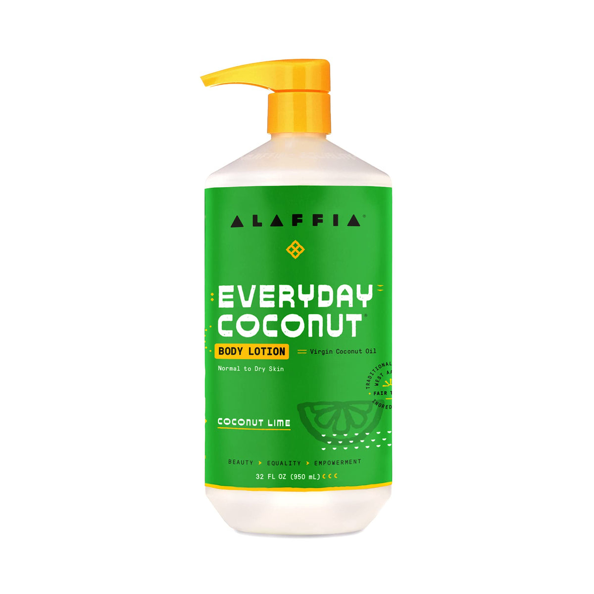 Lotion corporelle EveryDay Coconut d'Alaffia — bouteille pratique pour hydratation quotidienne.