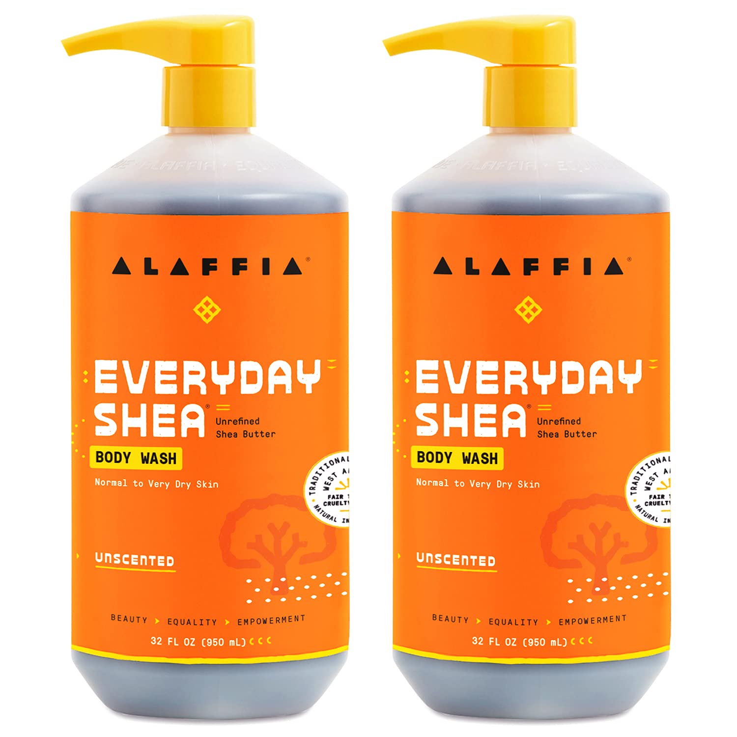 Gel douche Alaffia Everyday Shea en duo, ouverture et texture douce pour hydratation.