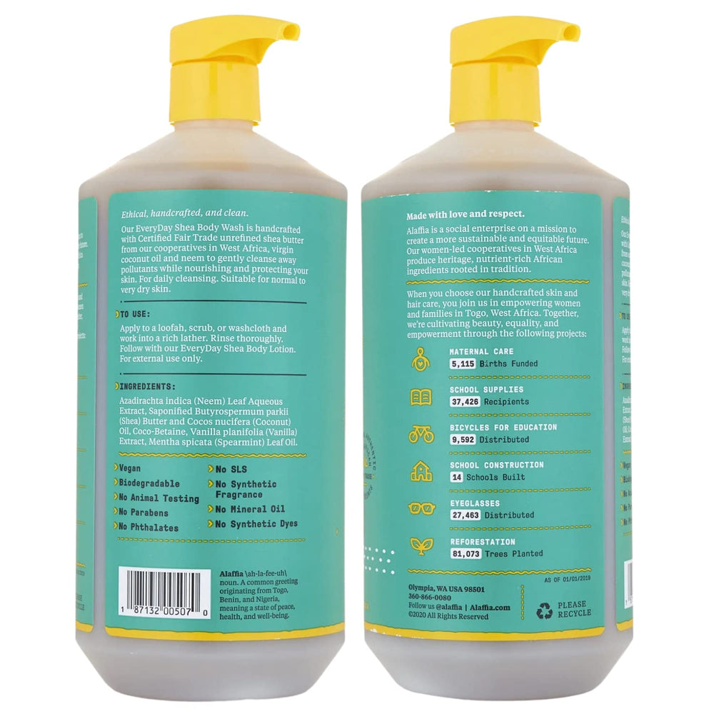Alaffia EveryDay Shea Body Wash: étiquette commerce équitable et engagement éthique pour une routine douche responsable.