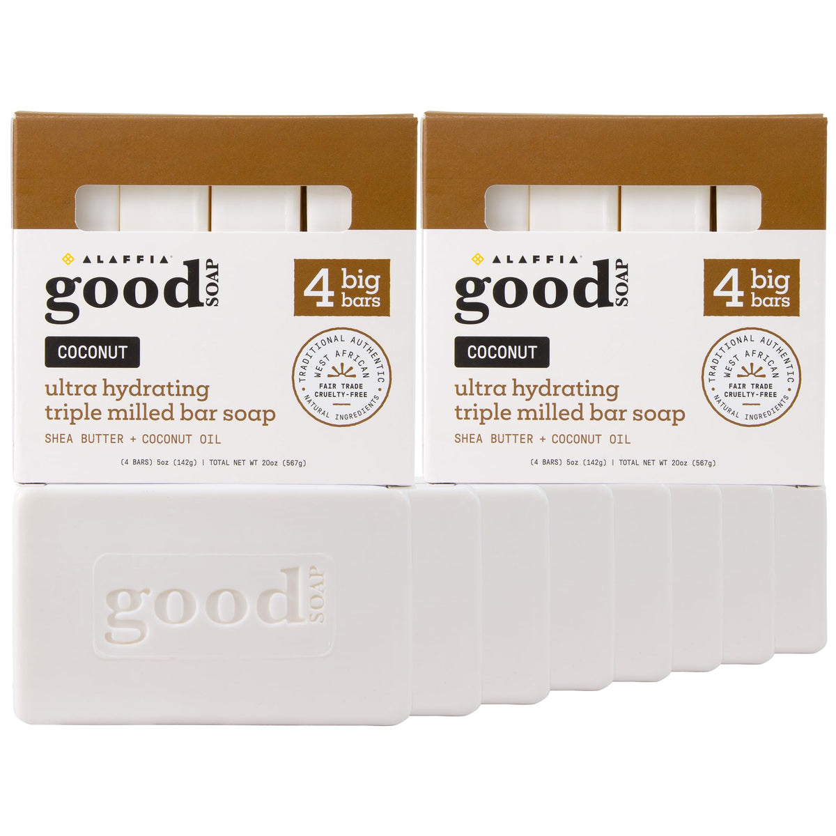 Alaffia Good Soap Coconut – paquet de 8 barres, hydratation durable.