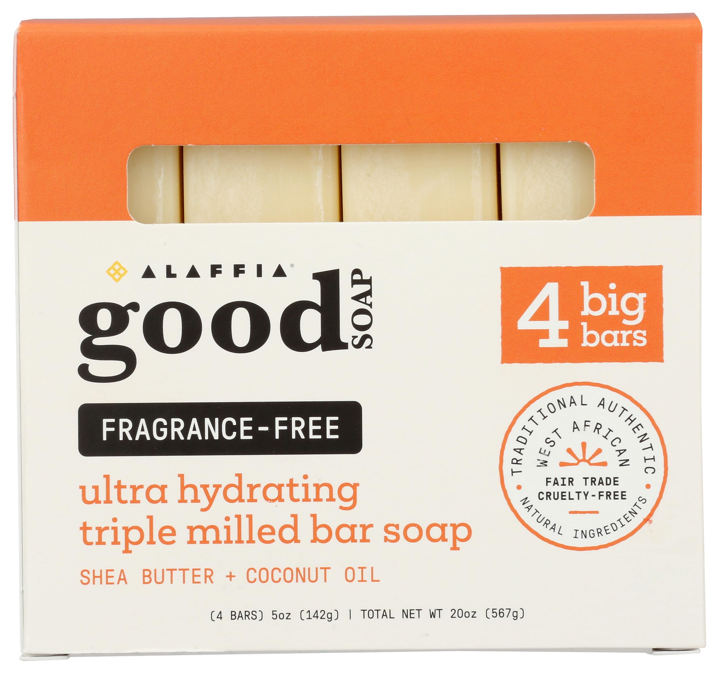 Alaffia lot de 4 savons sans parfum avec emballage recyclable.