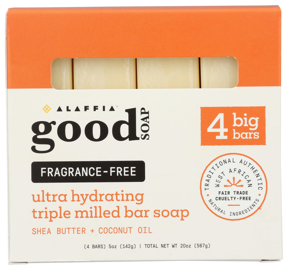 Alaffia lot de 4 savons sans parfum avec emballage recyclable.