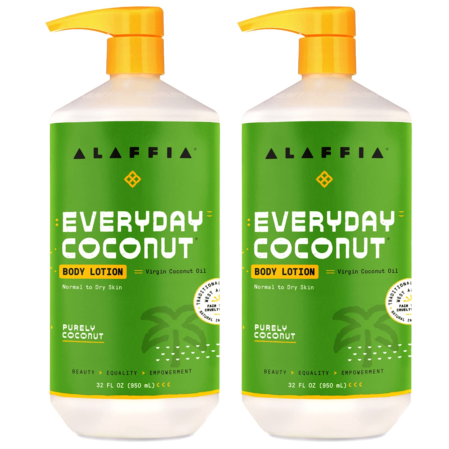 Alaffia Everyday Coconut sur la bouteille, hydratation quotidienne pour peau souple.