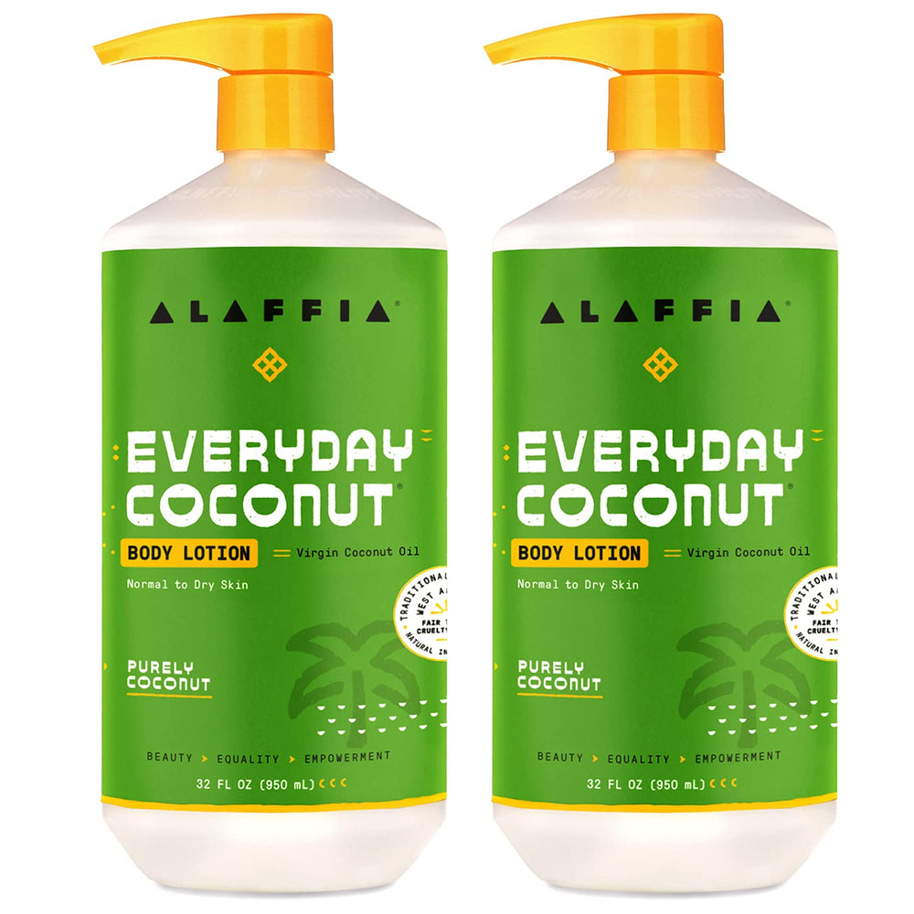 Alaffia Everyday Coconut sur la bouteille, hydratation quotidienne pour peau souple.