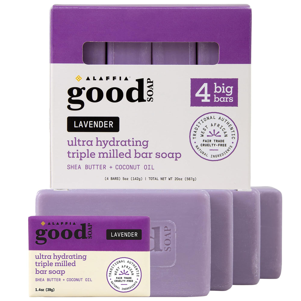 Savon Alaffia Lavande en 4 barres, hydratation douce pour la peau.