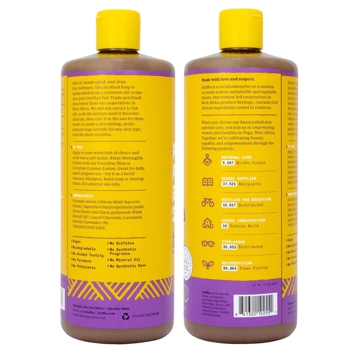 Alaffia savon noir lavande, mousse riche sur la paume, usage quotidien.