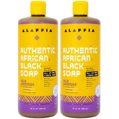 Alaffia savon noir africain lavande sauvage en pack, nettoie visage et corps en douceur.