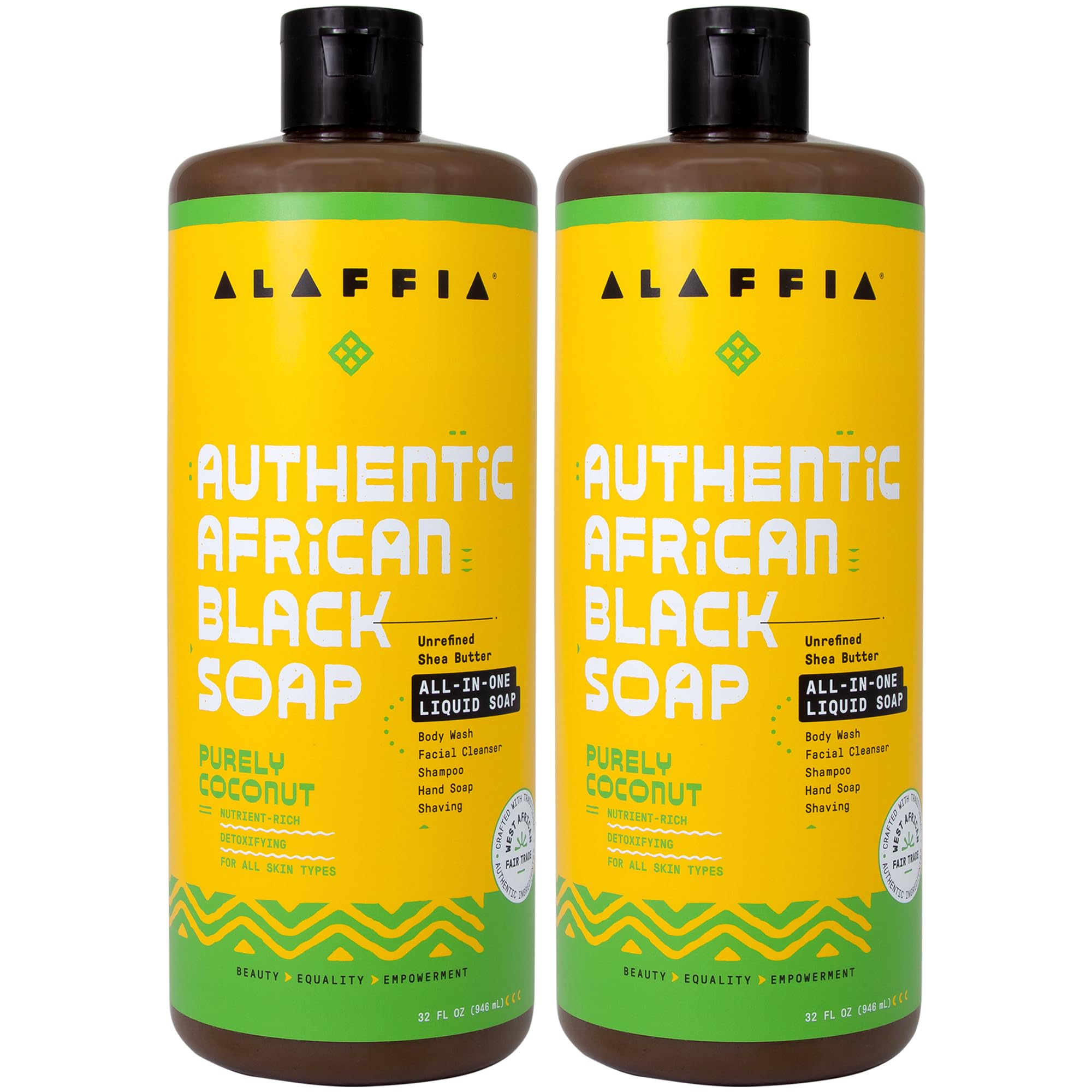 Alaffia Savon noir africain Purely Coconut en bouteille, soin quotidien pour peau et cheveux.