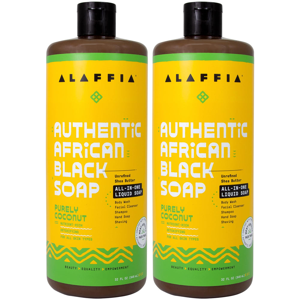 Alaffia Savon noir africain Purely Coconut en bouteille, soin quotidien pour peau et cheveux.