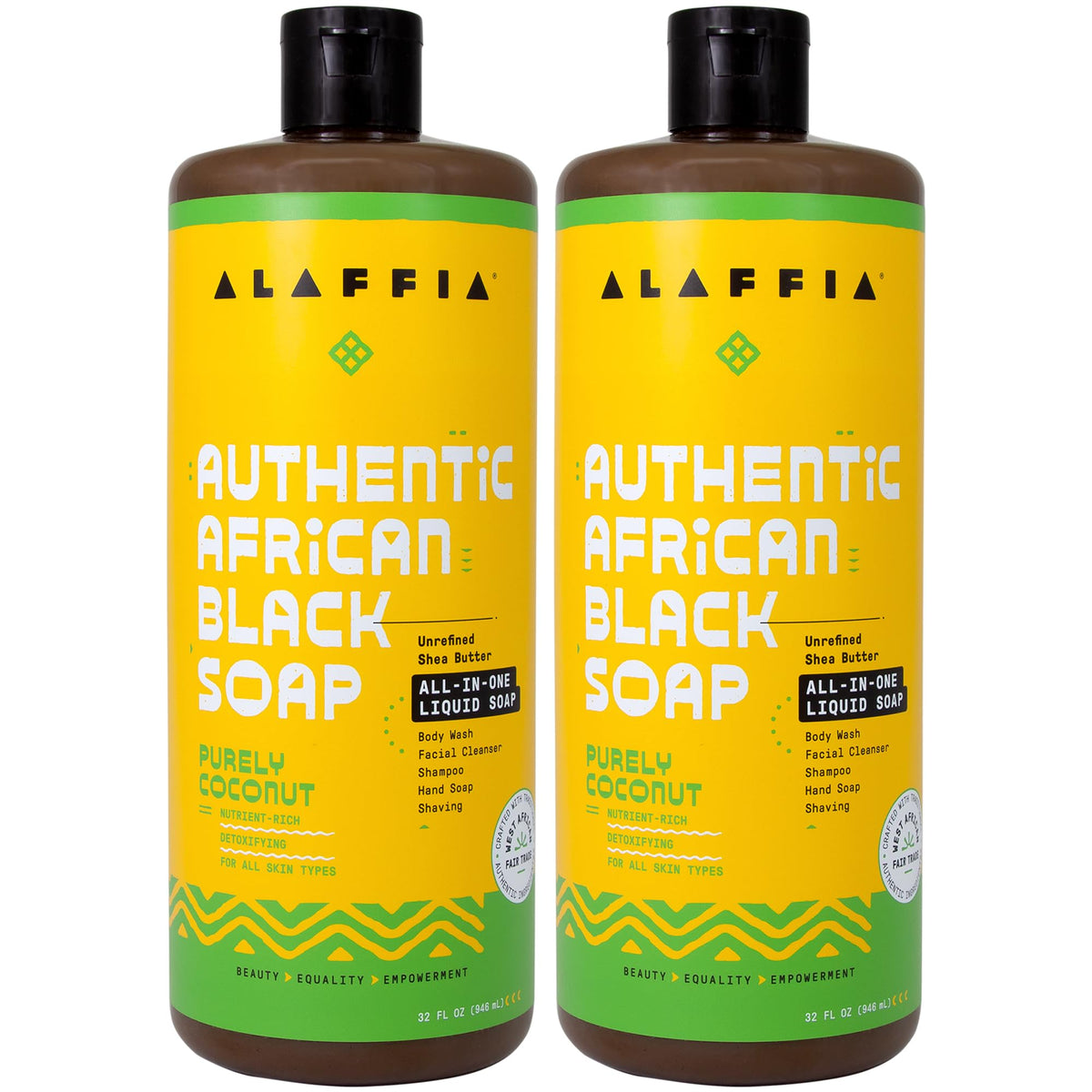 Alaffia Savon noir africain Purely Coconut en bouteille, soin quotidien pour peau et cheveux.