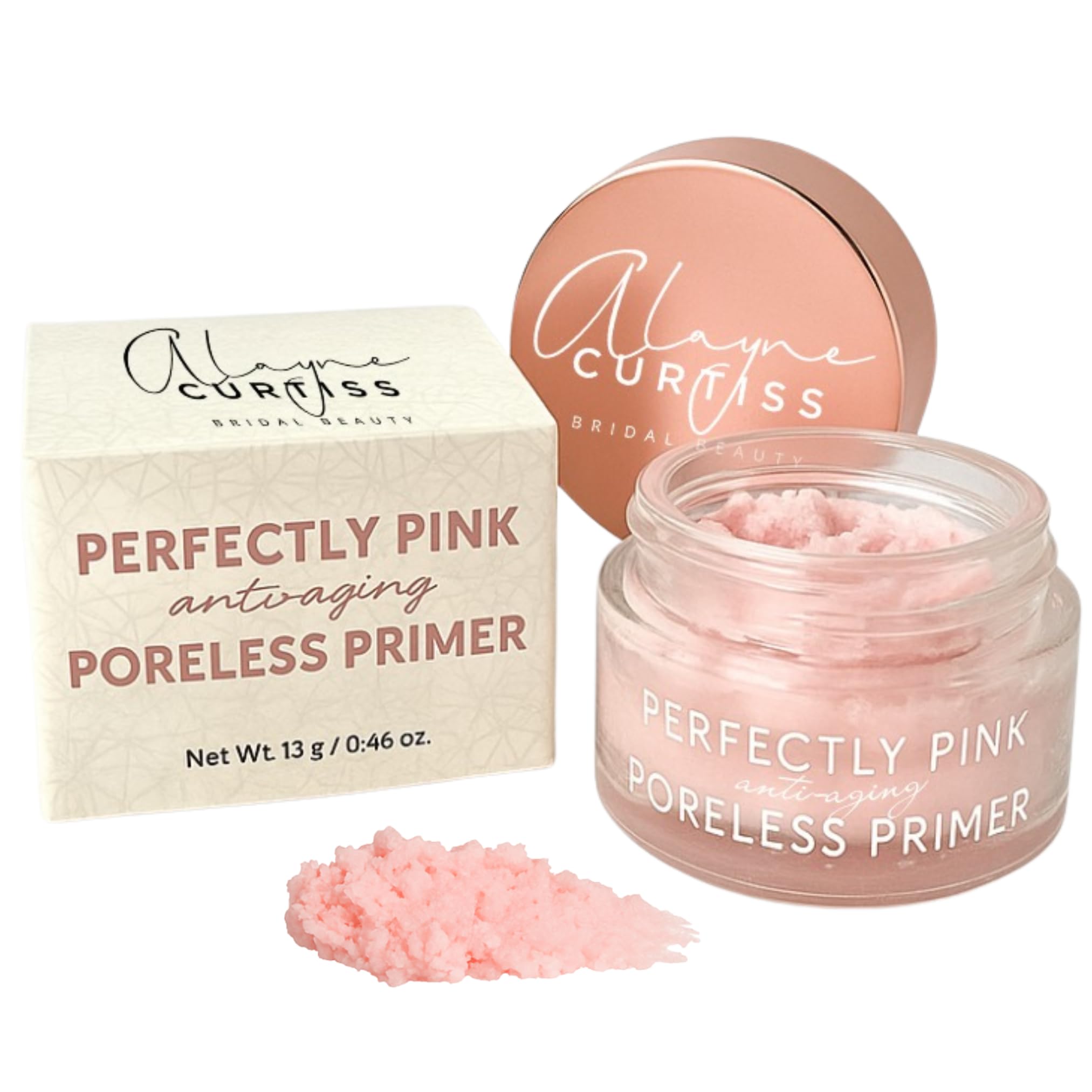 Alayne Curtiss Bridal Beauty Perfectly Pink Poreless Primer bottle showing pore-minimizing action for smoother skin